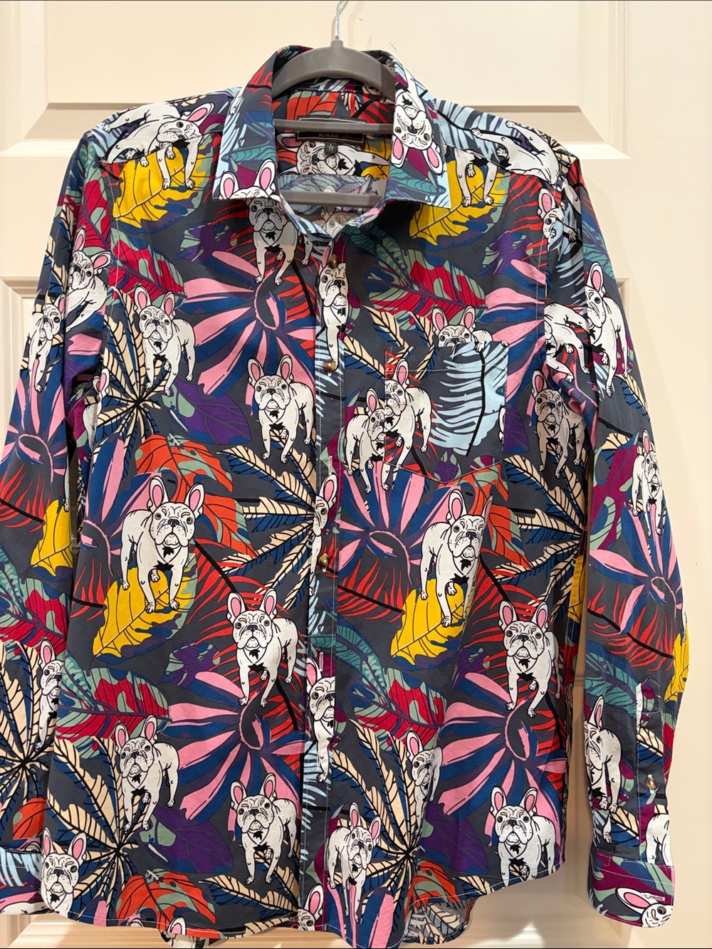 Men’s Paisley & Gray Multicolor French Bulldog Print Button-Down Shirt Sz L.